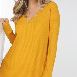 Mustard Waffle Long Sleeves V Neck Top With Bottom Trim